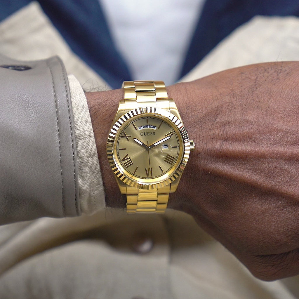 GUESS Mens Gold Tone Day/Date Watch