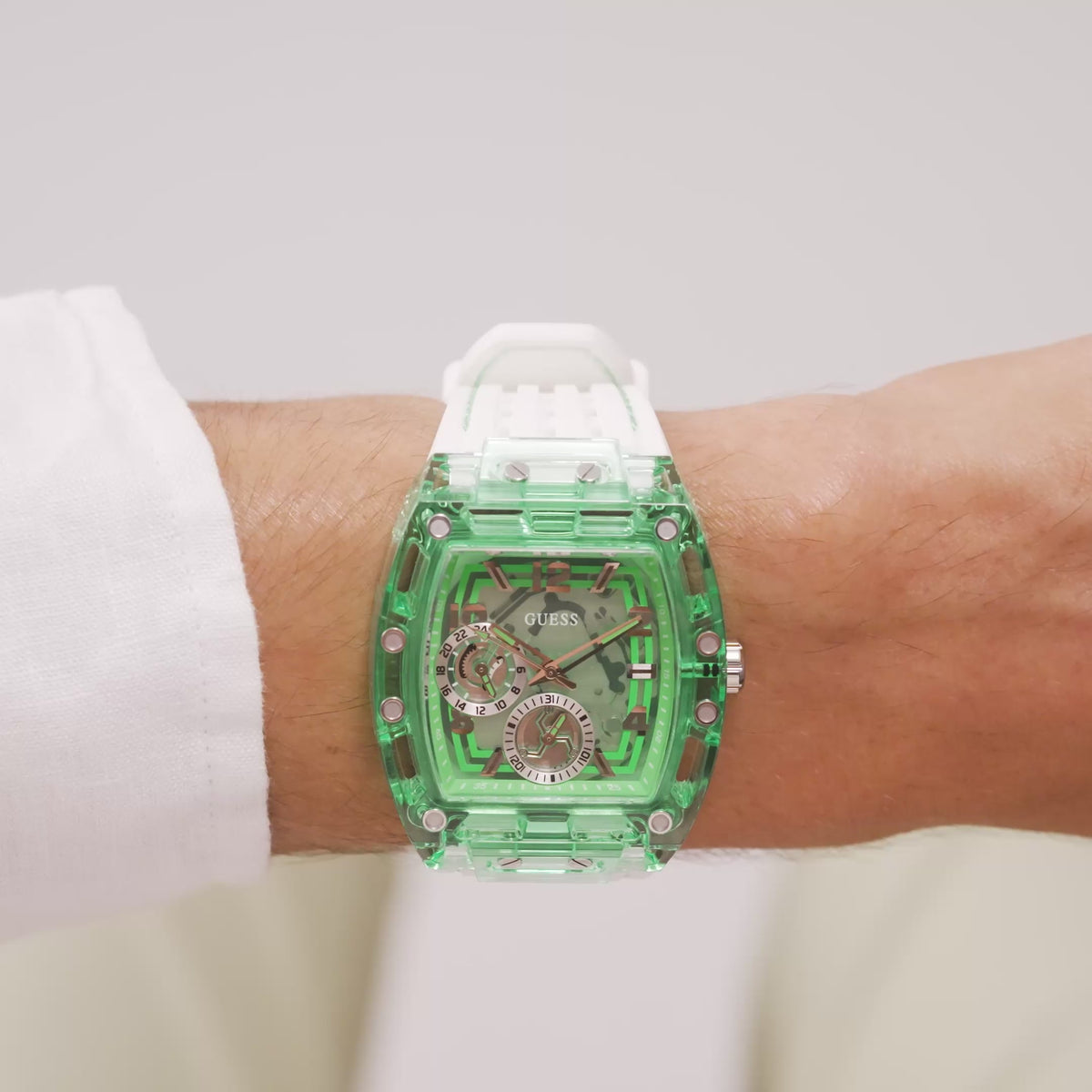 GUESS Mens White Green Multi-function Watch