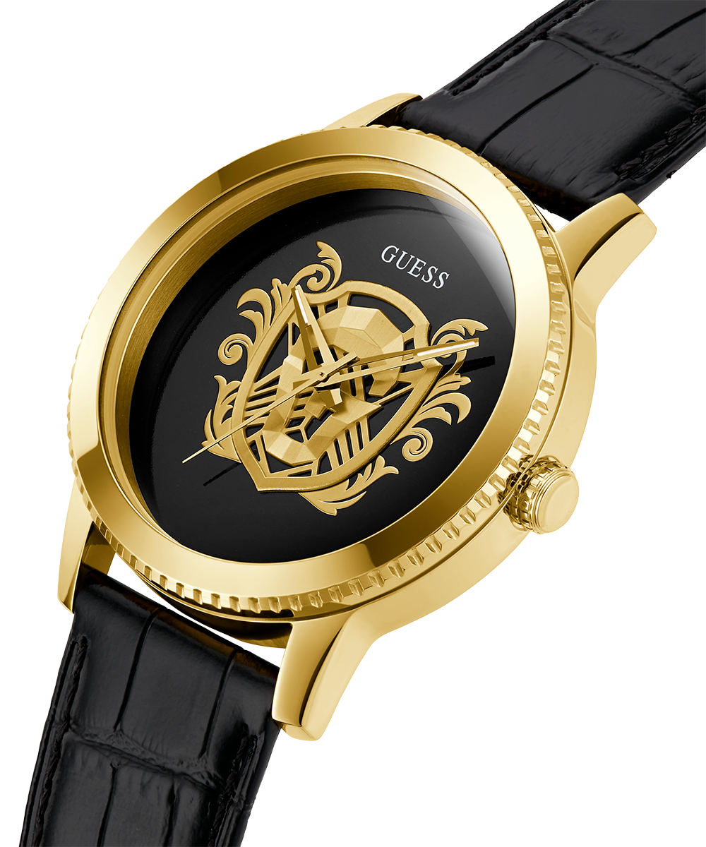 GUESS Mens Black Gold Tone Analog Watch
