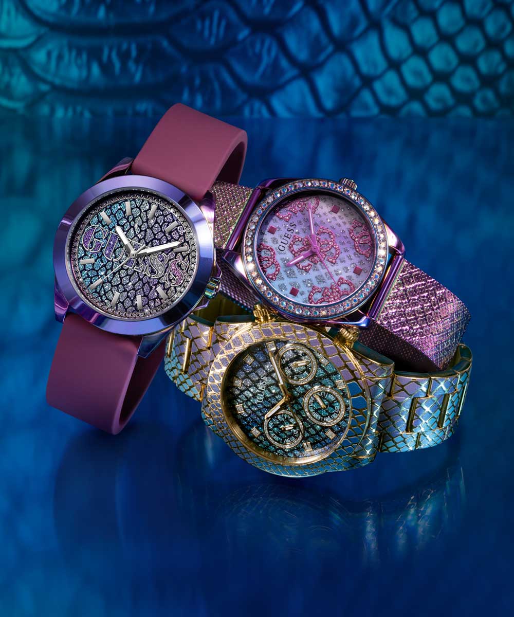 GUESS Ladies Blue Purple Gold Tone Multi-function Watch