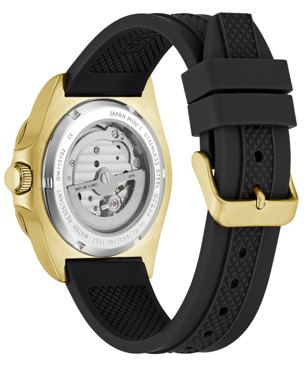 GUESS Mens Black Gold Tone Automatic Watch