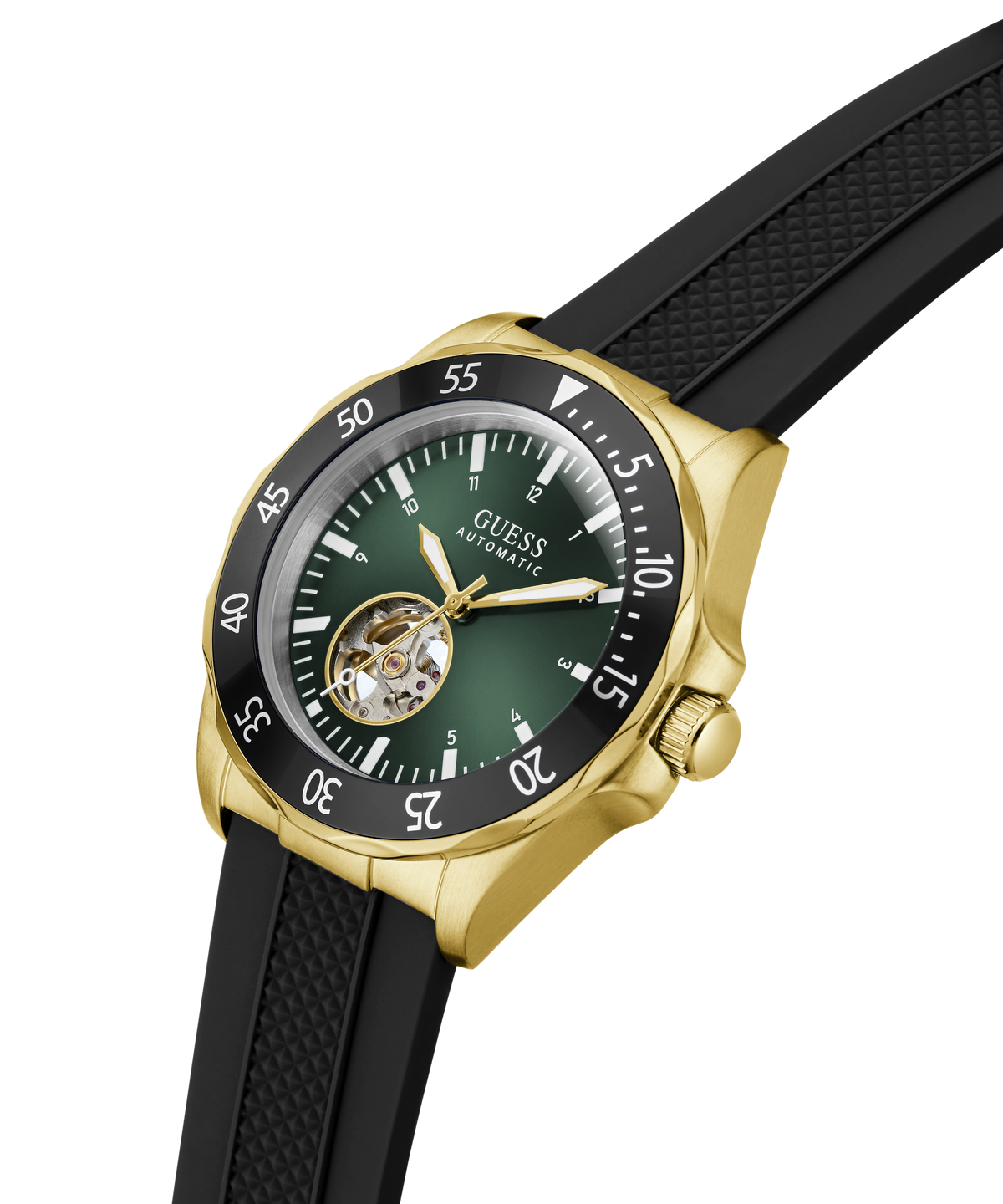 GUESS Mens Black Gold Tone Automatic Watch