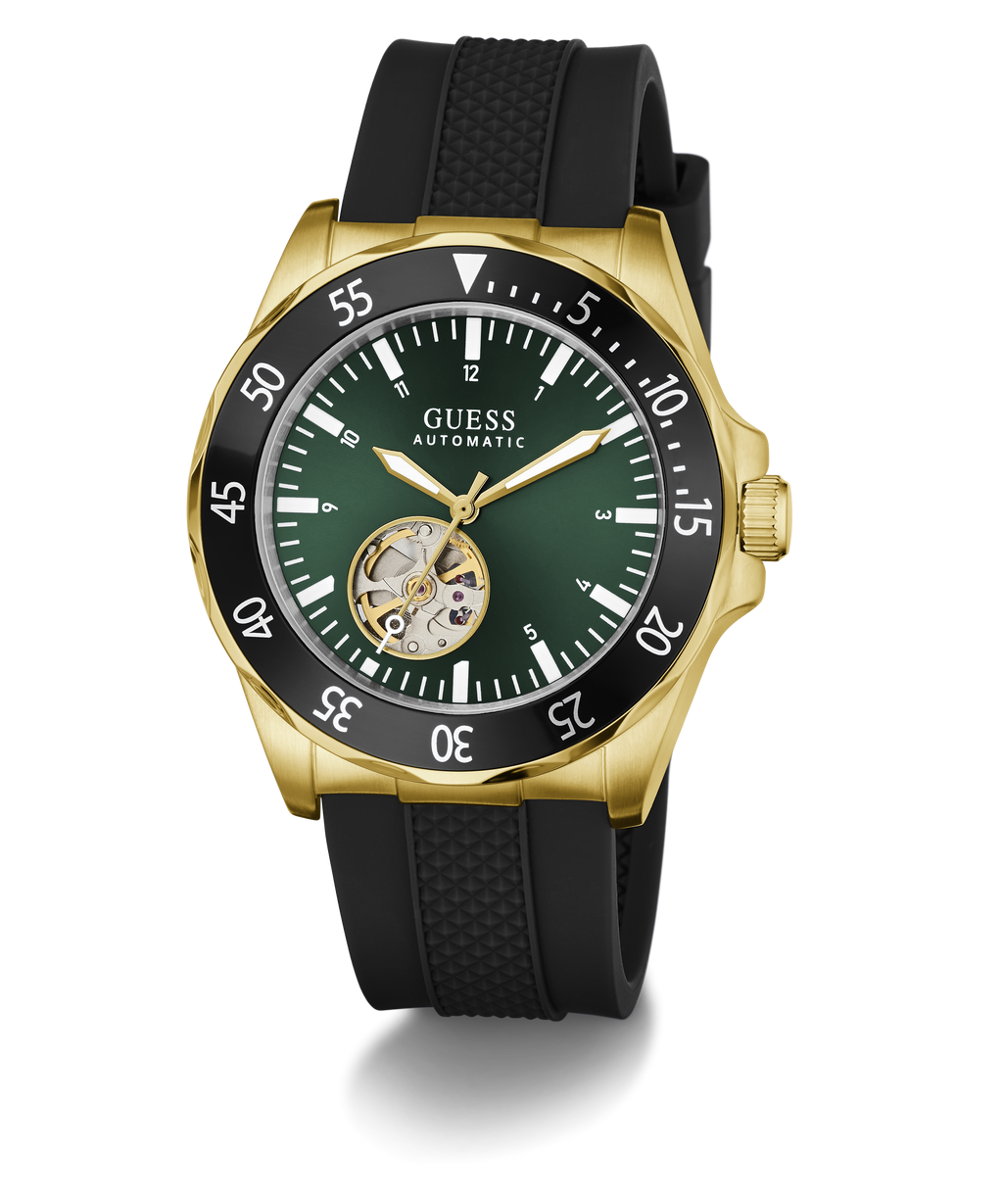 GUESS Mens Black Gold Tone Automatic Watch